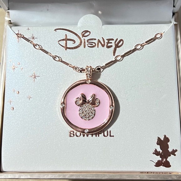 DISNEY Rose Gold Minnie Mouse Pink Enamel Crystal Pendant Necklace - Picture 5 of 8